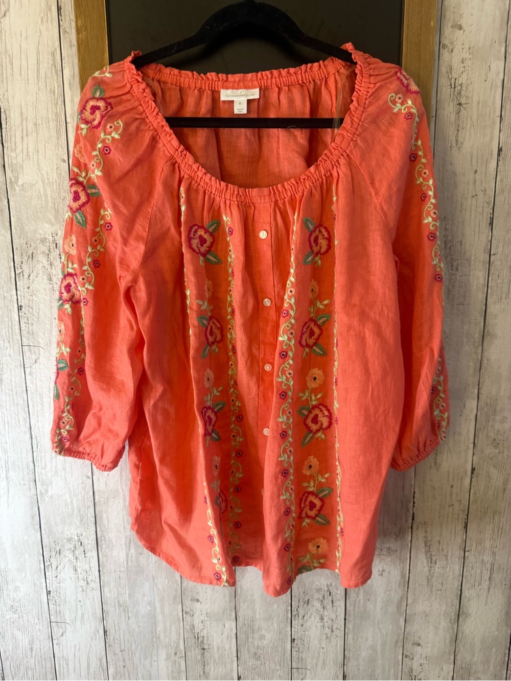 Charter Club Floral Boho Embroidered 100% Linen Orange 3/4 Sleeve Tunic Top XL